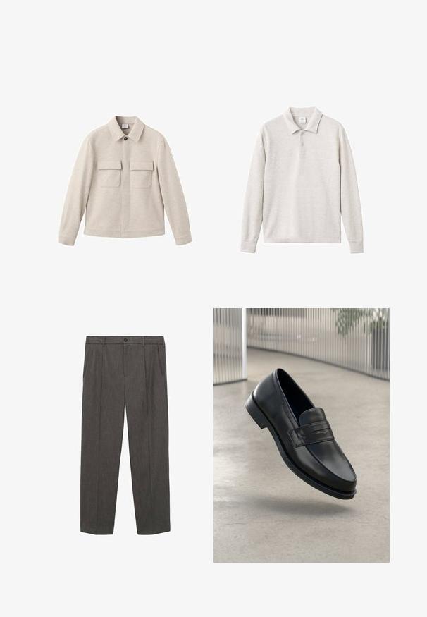Jachetă bej dintr-un material moale, cu guler în vârf, închidere frontală cu fermoar și două buzunare la piept cu clapete.; Cămașă polo cu mânecă lungă de un gri deschis, cu 3 nasturi, guler și mansete ribbate, confecționată dintr-un material moale cu o textură fină.; Pantaloni gri, croiți, dintr-un material texturat. Prezintă o închidere cu nasture, două buzunare frontale și un design cu picioare drepte.; Mocasini negri din piele cu textură fină, vârf ascuțit și o curea decorativă peste laba piciorului. Talpă ușoară, design minimalist.