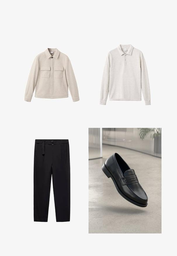 Beige jacket made of soft fabric, featuring a point collar, front zip closure, and two chest pockets with flaps.; Light gray long-sleeve polo shirt with three-button placket, ribbed collar and cuffs, made from a soft fabric with a smooth texture.; Black trousers with a straight fit, belt loops, and a detachable belt. Smooth fabric with side pockets and no visible patterns or hardware.; Black leather loafer with smooth texture, pointed toe, and a decorative strap across the instep. Lightweight sole, minimal design.