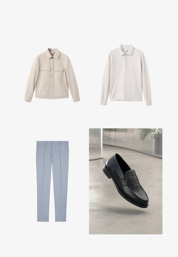 Beżowa kurtka z miękkiego materiału, z kołnierzem punktowym, z przodem na zamek błyskawiczny oraz dwoma kieszeniami na piersi z klapami.; Jasnoszara, długosleeve'owa koszulka polo z trzema guzikami, prążkowanym kołnierzykiem i mankietami, wykonana z miękkiego materiału o gładkiej fakturze.; The Kooples - Spodnie garniturowe; Czarna skórzana wsuwana półbut, o gładkiej fakturze, spiczastym nosku i ozdobnym paskiem na podbiciu. Lekka podeszwa, minimalistyczny design.