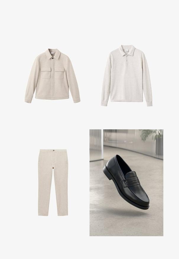 Beige jacket made of soft fabric, featuring a point collar, front zip closure, and two chest pockets with flaps.; Light gray long-sleeve polo shirt with three-button placket, ribbed collar and cuffs, made from a soft fabric with a smooth texture.; Beige linen trousers with straight legs, a front button closure, and two side pockets. Textured fabric with a subtle weave pattern.; Black leather loafer with smooth texture, pointed toe, and a decorative strap across the instep. Lightweight sole, minimal design.