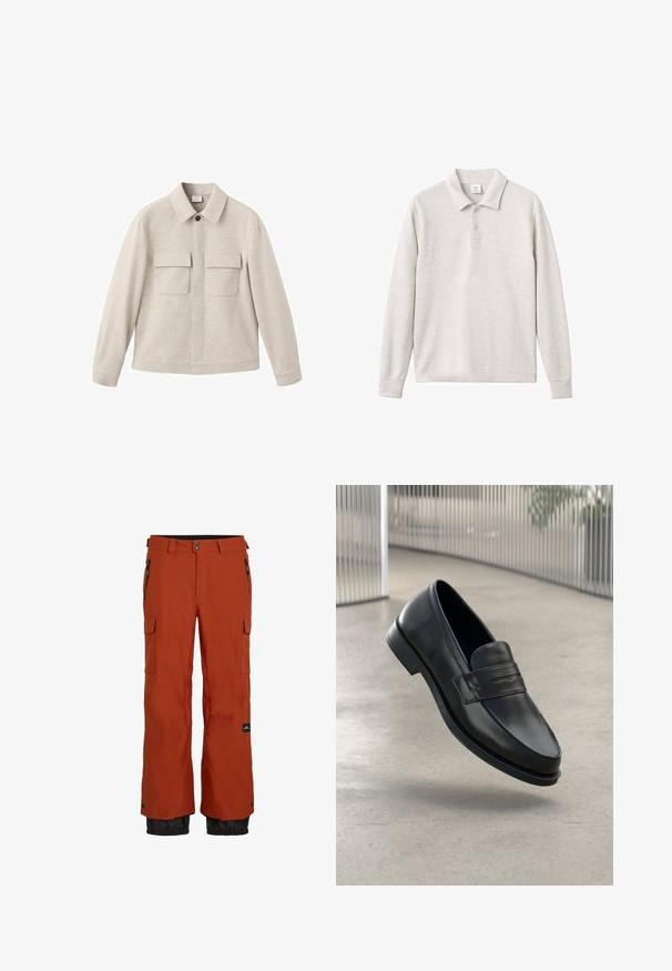 Beżowa kurtka z miękkiego materiału, z kołnierzem punktowym, z przodem na zamek błyskawiczny oraz dwoma kieszeniami na piersi z klapami.; Jasnoszara, długosleeve'owa koszulka polo z trzema guzikami, prążkowanym kołnierzykiem i mankietami, wykonana z miękkiego materiału o gładkiej fakturze.; Pomarańczowe wodoodporne spodnie narciarskie w kolorze rdzy z ocieplanym materiałem, dwoma bocznymi kieszeniami na zamek, kieszenią typu cargo oraz czarnymi elastycznymi mankietami przy kostkach.; Czarna skórzana wsuwana półbut, o gładkiej fakturze, spiczastym nosku i ozdobnym paskiem na podbiciu. Lekka podeszwa, minimalistyczny design.
