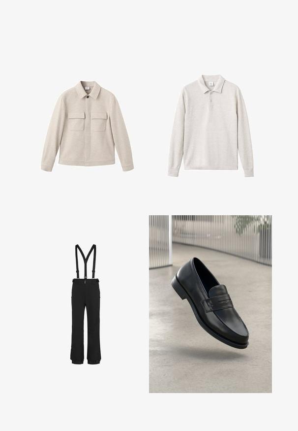 Béžová bunda z mäkkej látky s bodovým golierom, predným zipsom a dvoma náprsními vreckami so klapkami.; Svetlo šedá polo košeľa s dlhým rukávom, ktorá má trojitou gombíkovou légou, rebrovaný golier a manžety, vyrobená z mäkkej tkaniny s hladkou textúrou.; Čierne snehové nohavice s nastaviteľnými traky, predným zipsom, bočnými zipsovými vreckami a elastickými manžetami na leme pre bezpečné uchytenie.; Čierna kožená mokasína s hladkou textúrou, špicatou špičkou a ozdobným remienkom cez priehlavok. Ľahká podrážka, minimalistický dizajn.
