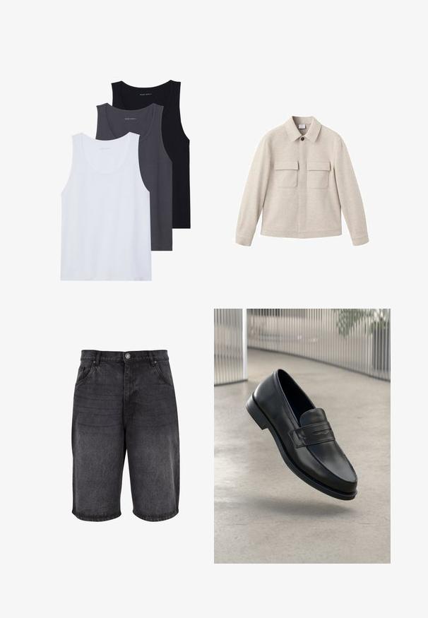 Beige jacket made of soft fabric, featuring a point collar, front zip closure, and two chest pockets with flaps.; Three tank tops displayed: one white, one dark gray, and one black. Made of soft fabric with rounded necklines and no prominent patterns.; Black denim shorts featuring a relaxed fit, five-pocket design, and a button closure. The fabric has a smooth texture with subtle fading.; Black leather loafer with smooth texture, pointed toe, and a decorative strap across the instep. Lightweight sole, minimal design.