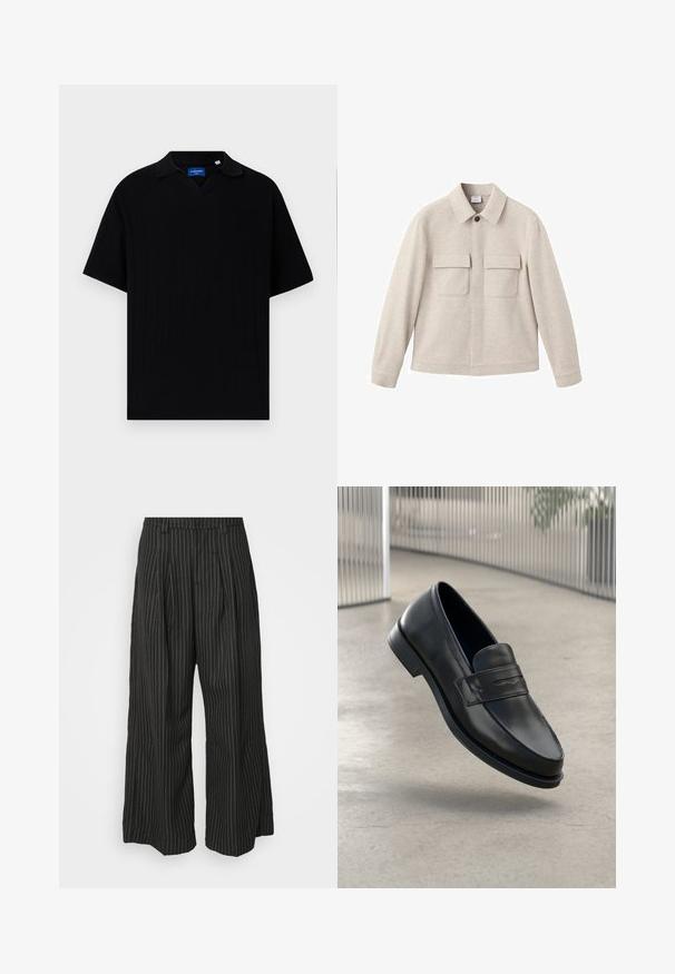 Beżowa kurtka z miękkiego materiału, z kołnierzem punktowym, z przodem na zamek błyskawiczny oraz dwoma kieszeniami na piersi z klapami.; Czarna koszulka polo z krótkim rękawem, z dekoltem w serek, z ribbowanym wzorem i subtelnymi pionowymi paskami. Metka wewnątrz obszaru dekoltu.; Czarne spodnie w szerokie nogawki w paski, z zakładkami, charakteryzujące się dopasowanym krojem i miękką teksturą. Brak widocznych metalowych elementów lub akcentów.; Czarna skórzana wsuwana półbut, o gładkiej fakturze, spiczastym nosku i ozdobnym paskiem na podbiciu. Lekka podeszwa, minimalistyczny design.
