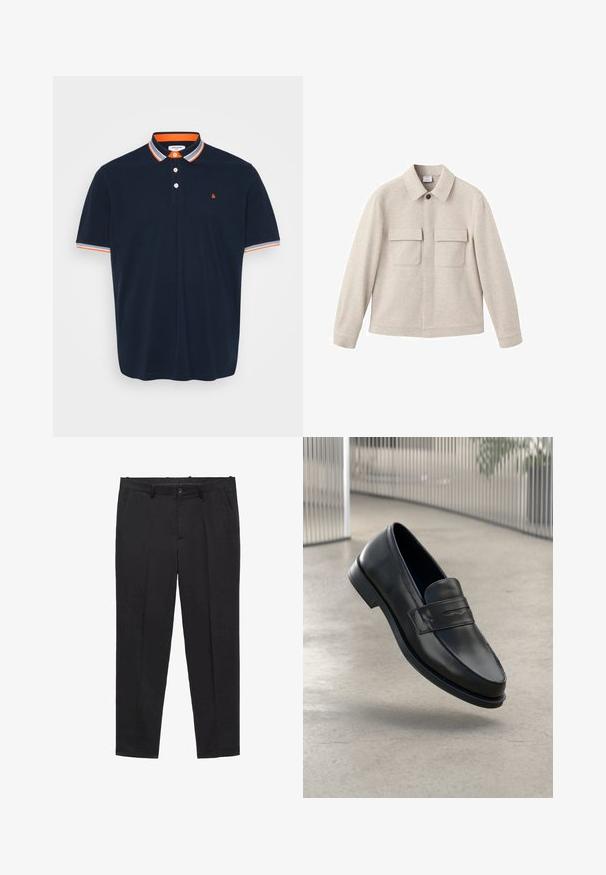 Beige jakke lavet af blødt stof, med spids krave, lynlås lukning foran og to brystlommer med klapper.; Marineblå polo T-shirt i bomuld med krave, der har orange og grå striber, tre-knaps knaplukning og lille broderet logo på brystet.; Sorte skræddersyede bukser lavet af glat stof, med flad front, bæltestropper og sidelommer. Lige ben-design.; Sort lædersko med glat tekstur, spids tå og en dekorativ rem over vristen. Letvægts sål, minimalistisk design.