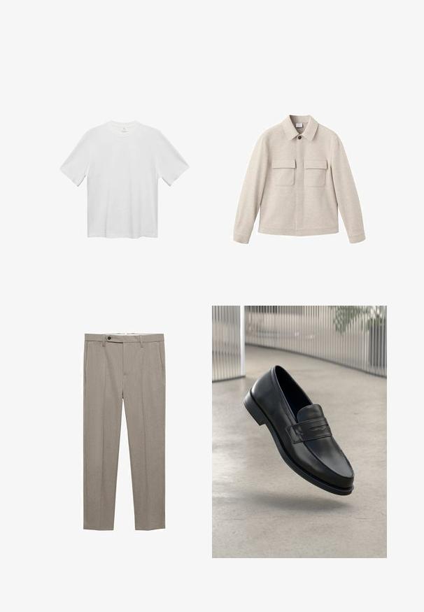 Beige jacket made of soft fabric, featuring a point collar, front zip closure, and two chest pockets with flaps.; White cotton t-shirt with a crew neck, short sleeves, and a relaxed fit. Smooth texture, no patterns or accents. Simple, classic design.; Beige tailored trousers with a smooth texture, straight fit, and a single front button closure. Features side pockets and a clean hem.; Black leather loafer with smooth texture, pointed toe, and a decorative strap across the instep. Lightweight sole, minimal design.
