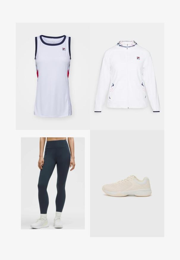 Giacca bianca con zip completa, dotata di cappuccio a fantasia blu e rosso. Include logo sul petto e cuciture decorative sui lati.; Top atletico bianco senza maniche con rifiniture blu navy e accenti rossi. Presenta un collo a giro e il logo Fila sul petto. Tessuto liscio e leggero.; Leggings a vita alta, blu scuro, realizzati in un tessuto elastico e liscio con cuciture piatte e senza tasche visibili, abbinati a scarpe ginniche bianche.; Scarpa sportiva beige chiaro con una parte superiore strutturata, accenti bianchi a contrasto, punta rotonda e suola di gomma flessibile.