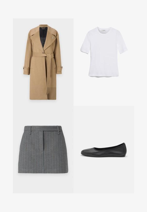 Tan wool blend trench coat with notched collar, belted waist, and buttoned cuffs. Features a quilted black interior and a logo detail.; White short-sleeve t-shirt made of ribbed fabric. Round neckline, regular fit, and subtle stitching details. No patterns or graphics.; Gray pinstriped skirt, tailored fit, featuring light blue stripes, belt loops, and a front crease. Made of textured fabric. Short length.; Black leather ballet flat with a rounded toe, smooth texture, minimal stitching detail, and a flexible sole design.