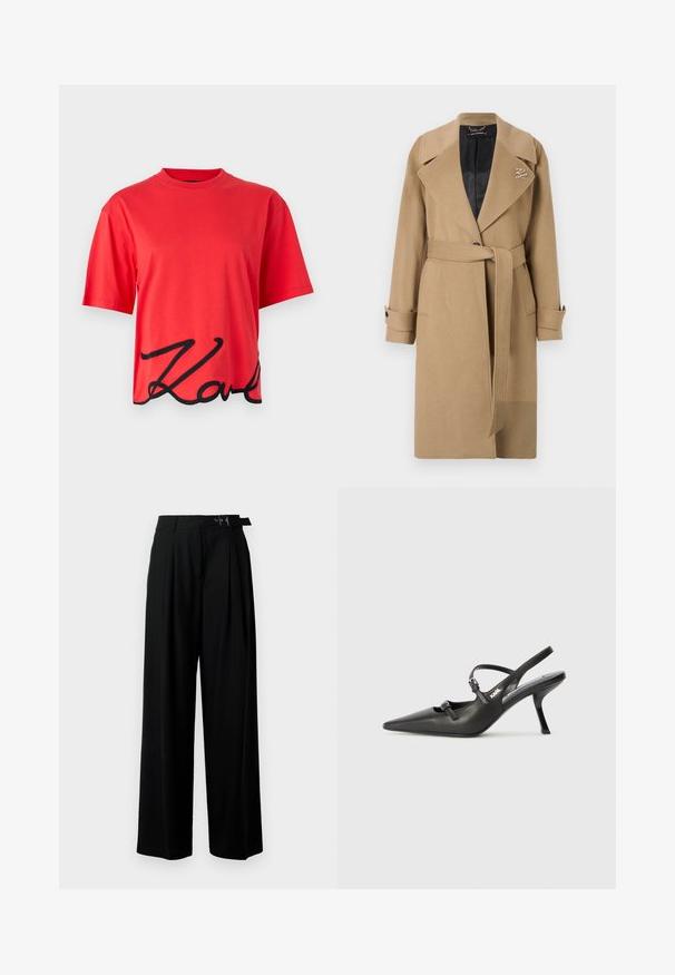 Beige Wollmischung-Trenchcoat mit Reverskragen, tailliertem Schnitt und geknöpften Manschetten. Verfügt über ein gesteppte schwarze Innenseite und ein Logo-Detail.; Rotes Baumwoll-T-Shirt mit kurzen Ärmeln, mit einem schwarzen geschwungenen Logodesign am unteren Rand. Einfacher Rundhalsausschnitt.; Schwarze weit geschnittene Hosen mit hoher Taille, Falten an der Vorderseite und einem Gürtel mit Schnalle. Hergestellt aus glattem, leichtem Stoff.; Schwarzlederne Slingback-Absätze mit spitzer Zehenform, schlankem Absatz und dekorativem Schnallendetail auf dem Blatt. Glatte Textur und elegantes Design.