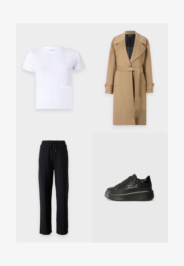 Brūns vilnas maisījuma mantiņa ar izgriezto apkakli, jostotu vidukli un pogātām aprocēm. Iekšpusē ir kviltēta melna oderes daļa un logotipa elements.; Baltas īsām piedurknēm T-krekls no kokvilnas, ar apaļu kakla izgriezumu, gludu tekstūru un smalku izliekta šuvju detaļu priekšpusē.; Melni sporta bikses ar brīvu piegriezumu, elastīgu jostasvieta, regulējamu auklu un vertikālām šuvēm gar kājām. Mīksta auduma tekstūra.; Melni platformas sporta apavi, kas izgatavoti no gludas ādas, ar plakaniem šņorēm un izšūtu "Karl" logo sānos. Apaļa purngala un bieza zole.