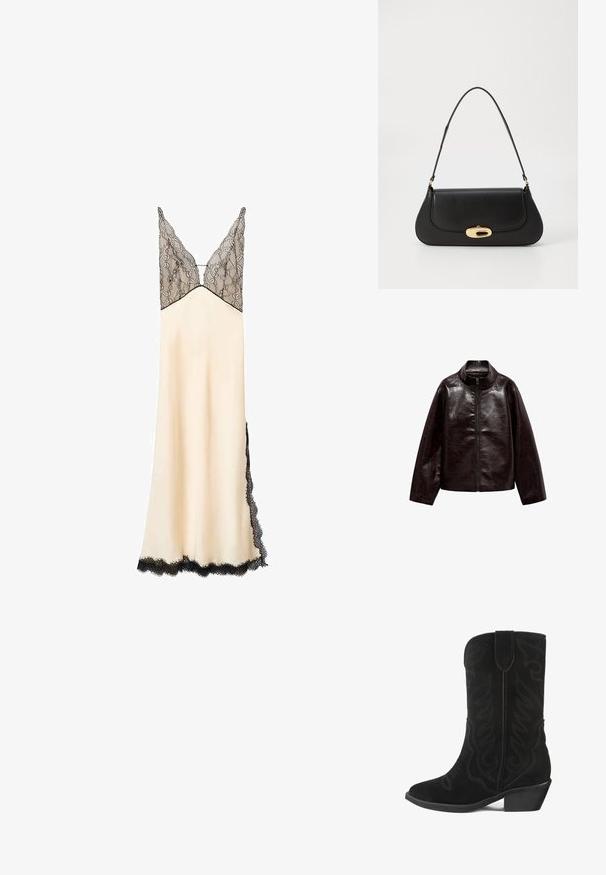 Brązowa kurtka z sztucznej skóry z wysokim kołnierzem, pełnym zamkiem błyskawicznym i gładką, błyszczącą teksturą. Posiada luźny krój i długie rękawy.; Suknia nocna z satyny w kolorze kremowym z koronkową górą i wykończeniem w kolorze czarnym. Dekolt w kształcie litery V i regulowane ramiączka. Długość do podłogi, z koronkowym detalem po bokach.; Czarne zamszowe kowbojki z haftowanym kwiatowym wzorem, spiczastym czubkiem i niskim blokowym obcasem. Posiadają długą cholewkę i pętelkę do zakupu.; Czarna skórzana torebka o zaokrąglonym kształcie, z metalowymi elementami w kolorze złotym i górnym uchwytem. Posiada eleganckie zapięcie i gładką fakturę.