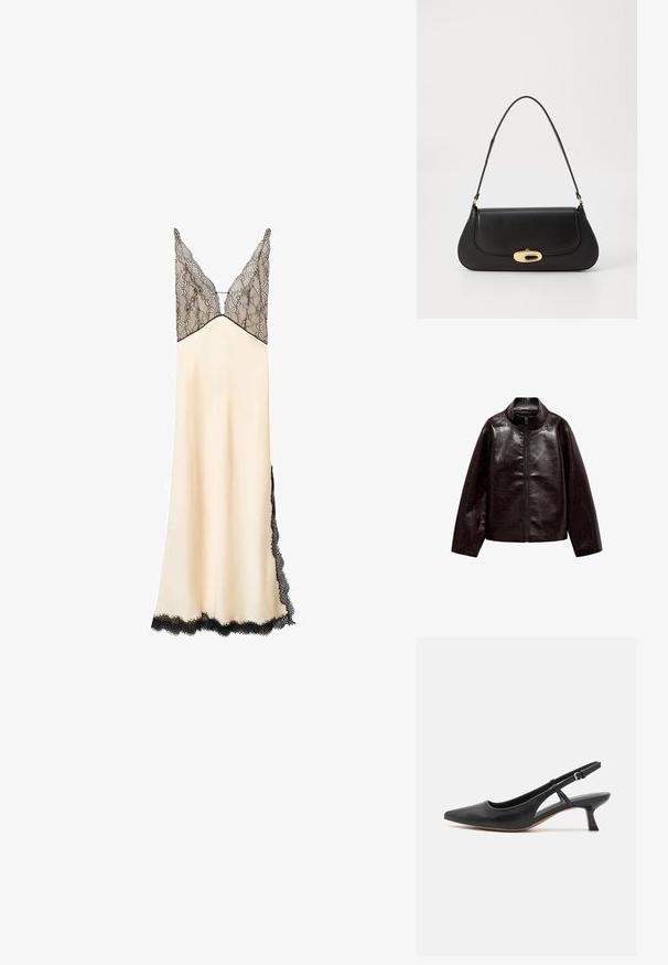 Veste en simili cuir brun avec un col montant, fermeture éclair intégrale et une texture lisse et brillante. Caractéristiques : coupe décontractée et manches longues.; Nuisette en satin crème avec un corsage en dentelle noire et des bordures en dentelle. Décolleté en V et bretelles ajustables. Longue jusqu'au sol avec des détails en dentelle sur les côtés.; Chaussure slingback en cuir noir avec un bout pointu, un petit talon bloc, des découpes sur les côtés et une bride à la cheville ajustable. Texture lisse sur toute la chaussure.; Sac à main en cuir noir avec un design incurvé, matériel doré et une poignée sur le dessus. Présente une fermeture élégante et une texture lisse.