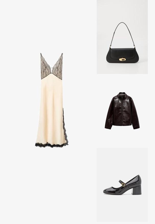 Giacca in finta pelle marrone con colletto alto, chiusura con cerniera completa e una superficie liscia e lucida. Presenta una vestibilità comoda e maniche lunghe.; Vestito da notte in satin color crema con corpetto e rifiniture in pizzo nero. Scollatura a V e spalline regulate. Lunghezza fino al pavimento con dettagli in pizzo laterali.; Stuart Weitzman STUART - Decolleté - black; Borsa a tracolla in pelle nera con design curvo, hardware color oro e manico superiore. Caratterizzata da una chiusura elegante e una superficie liscia.