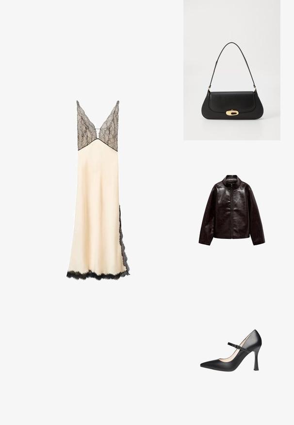 Veste en simili cuir brun avec un col montant, fermeture éclair intégrale et une texture lisse et brillante. Caractéristiques : coupe décontractée et manches longues.; Nuisette en satin crème avec un corsage en dentelle noire et des bordures en dentelle. Décolleté en V et bretelles ajustables. Longue jusqu'au sol avec des détails en dentelle sur les côtés.; Escarpin Mary Jane noir en cuir avec talon haut, bout pointu, bride cheville et surface texturée. Doté d'un talon structuré pour le soutien.; Sac à main en cuir noir avec un design incurvé, matériel doré et une poignée sur le dessus. Présente une fermeture élégante et une texture lisse.