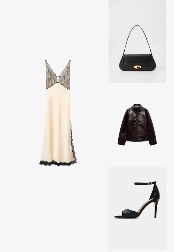 Hnedá umelá kožená bunda s vysokým golierom, plným zipsom a hladkou, lesklou textúrou. Má uvoľnený strih a dlhé rukávy.; Satinová nočná košieľka v béžovej farbe s čiernym krajkovým korzetom a lemovaním. Výstrih do V a nastaviteľné ramienka. Dlhá po zem s krajkovými detailmi po stranách.; Čierne sandále na vysokom podpätku s otvorenou špičkou, hladký kožený zvršok, remienok okolo členku so zlatou prackou a béžová stielka.; Čierna kožená kabelka s prehnutým dizajnom, zlatými kovovými detailmi a horným uchom. Má elegantné zatvorenie a hladký povrch.