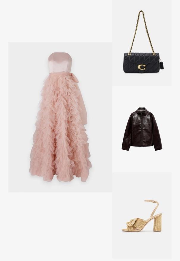 Chaqueta de imitación cuero marrón con cuello alto, cierre de cremallera completo y una textura suave y brillante. Presenta un corte relajado y mangas largas.; Ida Sjöstedt FRANCES GOWN - Vestido de fiesta - rose; Sandalias doradas de tacón con un frente anudado, textura plisada y una correa en el tobillo. El tacón cuadrado tiene un diseño estriado que mejora la adherencia.; Bolso de mano negro acolchado con una correa de cadena dorada, que presenta un distintivo clasp dorado y una pequeña etiqueta, mostrando una superficie de cuero texturizada.