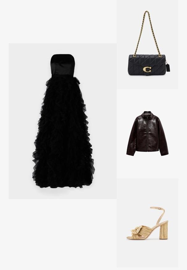 Chaqueta de imitación cuero marrón con cuello alto, cierre de cremallera completo y una textura suave y brillante. Presenta un corte relajado y mangas largas.; Ida Sjöstedt FRANCES GOWN - Vestido de fiesta - black; Sandalias doradas de tacón con un frente anudado, textura plisada y una correa en el tobillo. El tacón cuadrado tiene un diseño estriado que mejora la adherencia.; Bolso de mano negro acolchado con una correa de cadena dorada, que presenta un distintivo clasp dorado y una pequeña etiqueta, mostrando una superficie de cuero texturizada.