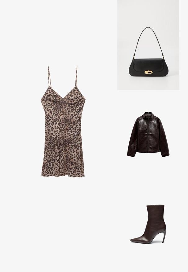 Bruine neplederen jas met een hoge kraag, volledige ritsluiting en een gladde, glanzende textuur. Beschikt over een ontspannen pasvorm en lange mouwen.; Leopardprint jurk gemaakt van soepel stof, met dunne bandjes, een v-hals en een uitlopende zoom die boven de knie valt.; Bruin leren enkellaars met een puntige neus, slanke silhouette en een hoge stilettohak. Heeft een gladde textuur en een minimalistisch ontwerp.; Zwarte leren handtas met een gebogen ontwerp, goudkleurige accenten en een bovenhandvat. Heeft een strakke sluiting en een gladde textuur.