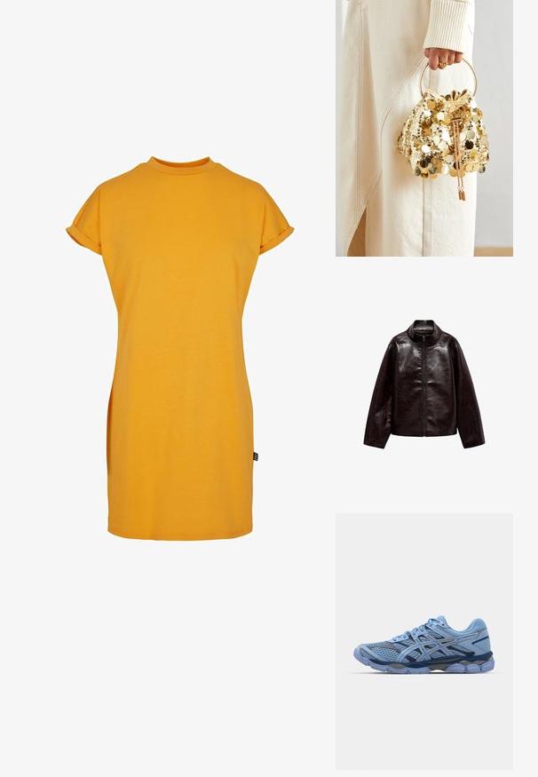 Braune Kunstlederjacke mit hohem Kragen, durchgehendem Reißverschluss und einer glatten, glänzenden Oberfläche. Hat einen lässigen Schnitt und lange Ärmel.; Gelbes T-Shirt-Kleid mit hohem Kragen, kurzen umgeschlagenen Ärmeln und einer lässigen Passform. Weicher Baumwollstoff mit Seitenschlitzen für mehr Bewegungsfreiheit.; ASICS SportStyle GEL CUMULUS 16 UNISEX - Sneaker low - stone wash/independence blue; Goldfarbene Drawstring-Handtasche mit einem runden Griff, verziert mit glänzenden runden Pailletten und einem strukturierten Stoff. Abmessungen sind nicht angegeben.