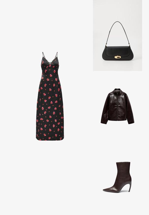 Veste en simili cuir brun avec un col montant, fermeture éclair intégrale et une texture lisse et brillante. Caractéristiques : coupe décontractée et manches longues.; Robe maxi noire à fleurs avec des fines bretelles spaghetti et des détails en dentelle. Présente des motifs de fleurs rouges et roses dispersés sur un tissu lisse.; Botte de cheville en cuir marron avec un bout pointu, une silhouette élancée et un talon aiguille haut. Présente une texture lisse et un design minimaliste.; Sac à main en cuir noir avec un design incurvé, matériel doré et une poignée sur le dessus. Présente une fermeture élégante et une texture lisse.