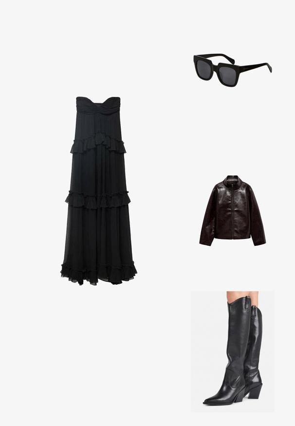 Rjava jakna iz umetnega usnja z visokim ovratnikom, popolnim zadrgo in gladko, sijočo teksturo. Ima sproščen kroj in dolge rokave.; Črna breznaramnica maksi obleka z večplastnimi volančki in rahlo drapirano teksturo. Ima gleženjski zgornji del in flowing krilo.; Črne usnjene škornje do kolen s koničastim nosom, ukrivljenim steblom in debelim petkom. Imajo gladko teksturo in ušesca na vrhu.; Črne pravokotne sončna očala z debelimi plastičnimi okvirji in temnimi lečami. Ročaji so elegantni s sijočo površino in minimalnim blagovnim znakom.; Črna usnjena torba s ukrivljeno zasnovo, z zlatimi dodatki in zgornjim ročajem. Ima eleganten zapirni mehanizem in gladko teksturo.