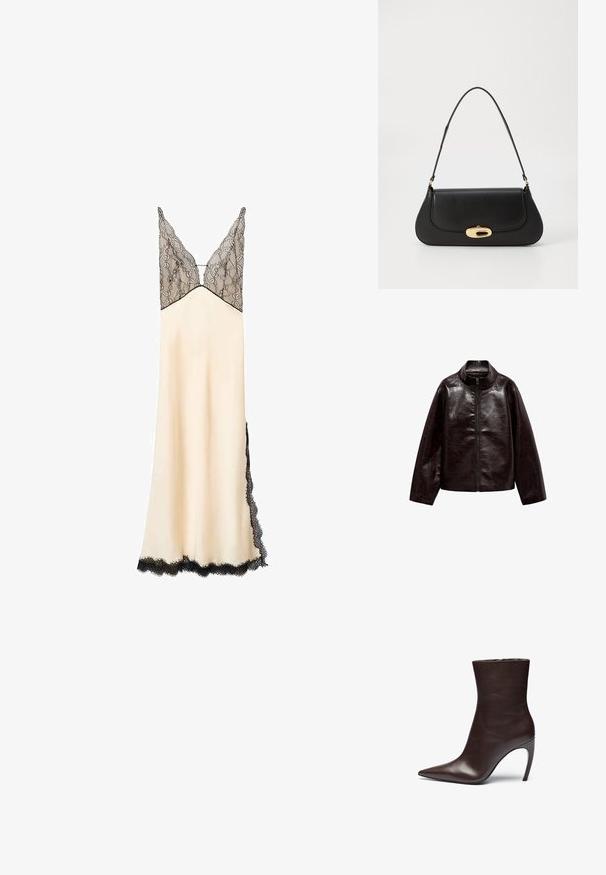 Braune Kunstlederjacke mit hohem Kragen, durchgehendem Reißverschluss und einer glatten, glänzenden Oberfläche. Hat einen lässigen Schnitt und lange Ärmel.; Satin-Nachtkleid in Creme mit schwarzer Spitzen-Corsage und Besatz. V-Ausschnitt und verstellbare Träger. Fußlänglich mit seitlicher Spitzenverzierung.; Braune Leder-Stiefelette mit spitzer Zehenpartie, schlankem Profil und hohem Stiletto-Absatz. Sie hat eine glatte Textur und ein minimalistisches Design.; Schwarze Lederhandtasche mit geschwungenem Design, Beschlägen in Goldfarbe und einem oberen Griff. Verfügt über einen eleganten Verschluss und eine glatte Textur.