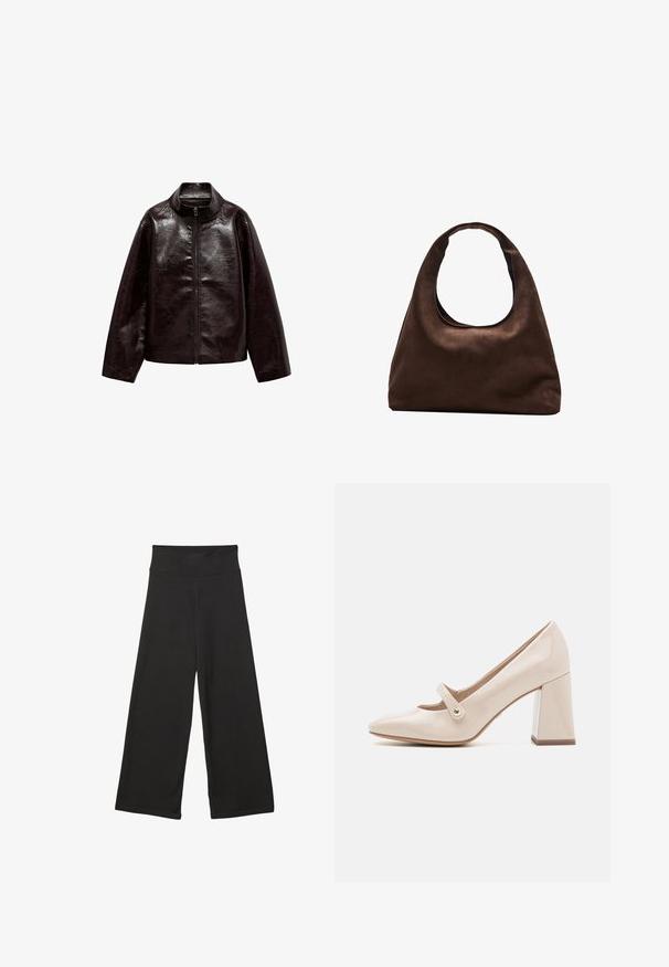 Hnedá umelá kožená bunda s vysokým golierom, plným zipsom a hladkou, lesklou textúrou. Má uvoľnený strih a dlhé rukávy.; Šedý pletený sveter s okrúhlym výstrihom, spustenými ramenami a rebrovanými manžetami. Mäkká textúra a voľný strih. Bez vzorov alebo akcentov.; Čierne nohavice s širokými nohavicami a vysokým elastickým pásom, vyrobené z mäkkého materiálu s voľným strihom, vhodné na neformálne nosenie alebo relaxačné prostredie.; Tamaris Obuv na vysokom opätku - ivory; Svetlohnedá kabelka v štýle hobo s jedným širokým popruhom a zakriveným otváraním na vrchu, vystavená na bielom pozadí.