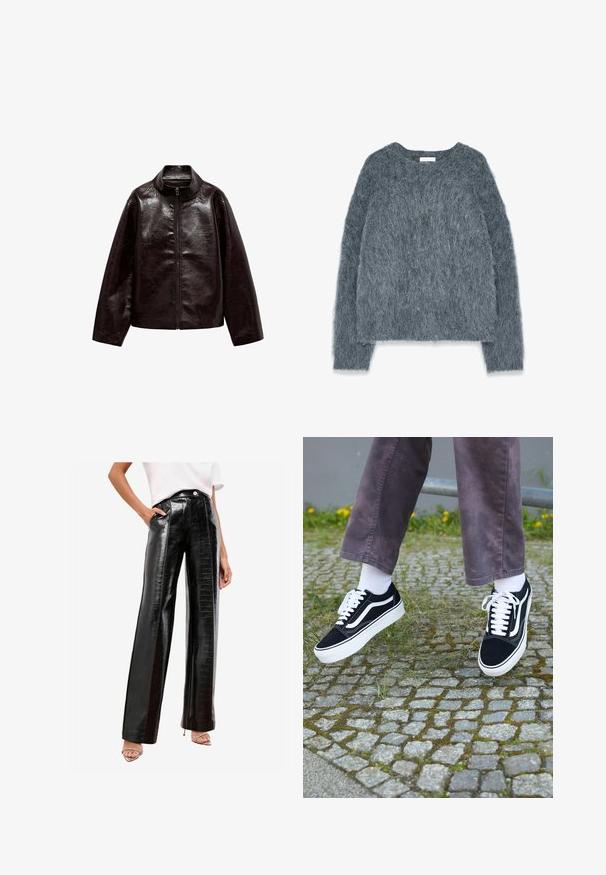 Braune Kunstlederjacke mit hohem Kragen, durchgehendem Reißverschluss und einer glatten, glänzenden Oberfläche. Hat einen lässigen Schnitt und lange Ärmel.; Strickpullover in Grau mit lockerer Passform, langen Ärmeln und weitem Halsausschnitt. Weiches, flauschiges Material mit leichtem Glanz. Keine auffälligen Muster oder Akzente.; Schwarze hoch taillierte Hose aus glänzendem Kunstleder, mit Krokodilprägung, seitlichen Taschen und gerader Beinführung.; Schwarze Wildleder-Sneaker mit weißen Akzenten, runder Zehenform, dicker weißer Sohle und klassischem Schnürdesign, getragen mit weißen Socken und lila Hose.