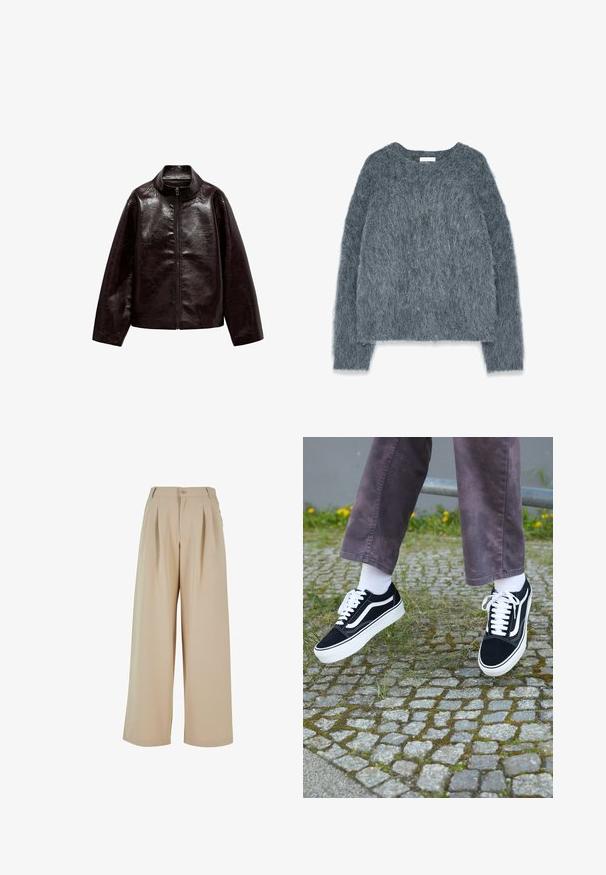 Giacca in finta pelle marrone con colletto alto, chiusura con cerniera completa e una superficie liscia e lucida. Presenta una vestibilità comoda e maniche lunghe.; Maglione grigio testurizzato con una vestibilità ampia, maniche lunghe e scollatura larga. Materiale morbido e peloso con una leggera lucentezza. Nessun motivo o accento prominente.; Pantaloni beige a gamba larga con fronte plissettato, chiusura con bottone e una texture liscia. Presentano una vita sartoriale e tasche laterali.; Sneaker in suede nero con dettagli bianchi, caratterizzati da una punta arrotondata, suola spessa bianca e design classico con lacci, indossati con calze bianche e pantaloni viola.