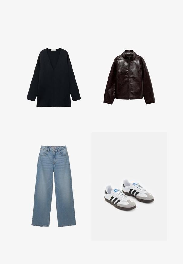Bruine neplederen jas met een hoge kraag, volledige ritsluiting en een gladde, glanzende textuur. Beschikt over een ontspannen pasvorm en lange mouwen.; Zwarte, loszittende V-hals top met lange mouwen, gemaakt van zachte stof. Eenvoudig ontwerp met een rechte zoom en zonder opvallende patronen of accenten.; Lichtblauwe wijde jeans van denim. Heeft een hoge taille, vijf zakken en een rechte pasvorm met minimale vervaging.; Sportschoenen met een witte leren bovenkant, grijze suède neus en drie zwarte strepen. Bevat een blauw logo op de tong en een gestructureerde rubberen zool.