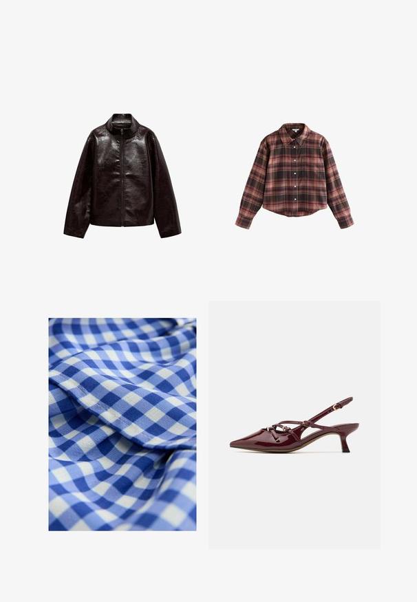 Rjava jakna iz umetnega usnja z visokim ovratnikom, popolnim zadrgo in gladko, sijočo teksturo. Ima sproščen kroj in dolge rokave.; Kratka karirana srajca v odtenkih barv burgundija in rjave, z gumbnimi zapenjanjem, ovratnikom in žepom na prsih. Mehka tkanina z dolgimi rokavi.; Modra in bela karirana tkanina z mehkimi teksturami, ki vsebuje majhne kvadrate v izmeničnih odtenkih modre. Vključuje naboran rob.; Burgundska lakasta slingback obuća s špicastim nosom, malim petama, dekorativnim detaljima remena i sjajnim završetkom.