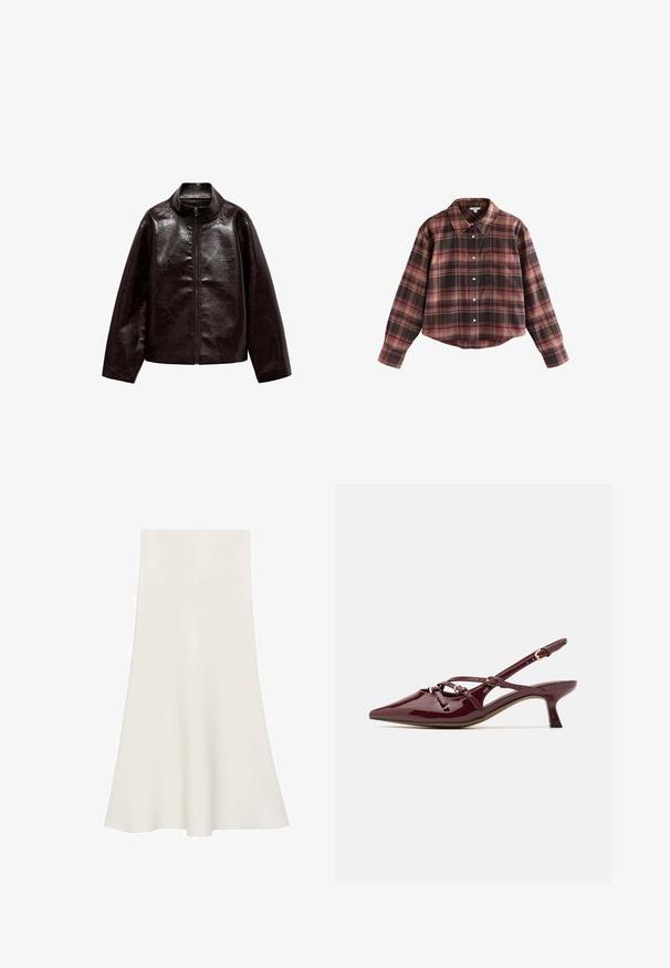 Hnědá koženka s vysokým límcem, plným zipem a hladkým, lesklým povrchem. Má uvolněný střih a dlouhé rukávy.; Odstřižená kostkovaná košile v odstínech burgundské a hnědé, s knoflíkovým zapínáním, límečkem a náprsní kapsou. Měkká tkanina s dlouhými rukávy.; Bílá rozšířená sukně vyrobená z hladké látky, s širokým pasem a siluetou do A, s délkou k kolenům.; Burgundské lakované slingback boty s špičatou špičkou, malým podpatkem, dekorativními strapcovými detaily a lesklým povrchem.