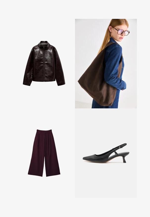 Veste en simili cuir brun avec un col montant, fermeture éclair intégrale et une texture lisse et brillante. Caractéristiques : coupe décontractée et manches longues.; Chemise à carreaux coupée dans des tons de bourgogne et de marron, avec un rabat à boutons, un col et une poche poitrine. Tissu doux avec des manches longues.; Pantalons larges en tissu bordeaux profond, avec des plis, une taille haute et deux poches latérales pour le style et la praticité.; Chaussure slingback en cuir noir avec un bout pointu, un petit talon bloc, des découpes sur les côtés et une bride à la cheville ajustable. Texture lisse sur toute la chaussure.; Sac tote en cuir marron avec une texture douce, offrant un design spacieux et une seule sangle. Porté avec une veste en jean bleu.