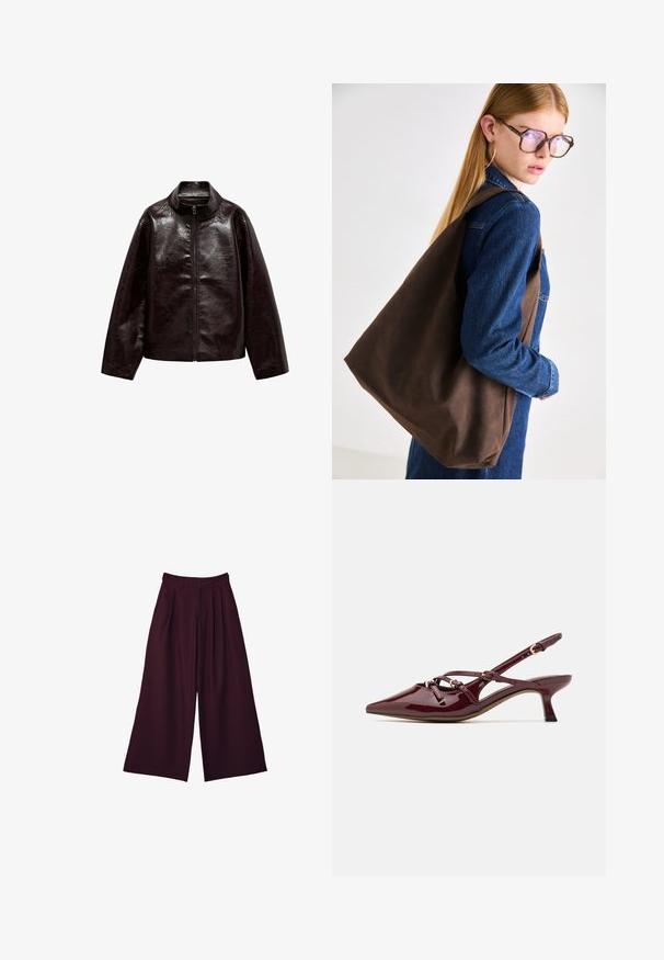 Ruskea tekonahkajakki korkealla kauluksella, täyspitkällä vetoketjulla ja sileällä, kiiltävällä pinnalla. Ominaisuuksiin kuuluu rento istuvuus ja pitkät hihat.; Lyhyeksi leikattu ruudullinen paita burgundin ja ruskean sävyissä, jossa on napitus etuosassa, kaulus ja rintatasku. Pehmeää kangasta ja pitkähiha.; Völjanlahko utvöljdus spredimā burgundijaū mīksta auduma, kas pārsteidz ar ple/program046, augstiem vidukļiem un divām sānu kabatām, kas apvieno praktiskumu un stilu.; Burgundy kiilauhteella päällystetty slingback-kengät, joissa on teräväkärkinen malli, pieni korko, koristeelliset nauhanyökkäysdetaljit ja kiiltävä pinta.; Ruskea nahkainen olkalaukku, jossa on pehmeä rakenne, tilava muotoilu ja yksi hihna. Yhdistetty siniseen farkkutakkiin.