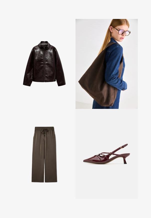Bruine neplederen jas met een hoge kraag, volledige ritsluiting en een gladde, glanzende textuur. Beschikt over een ontspannen pasvorm en lange mouwen.; Korte geruite shirt in tinten van bordeaux en bruin, met een knopenvoorzijde, kraag en een borstzak. Zacht stof met lange mouwen.; Bruine wijde broek gemaakt van een zachte stof, met een elastische tailleband en een koord voor verstelbaar comfort.; Bordeaux patent leren slingback schoen met een puntige neus, een kleine hak, decoratieve banddetails en een glanzende afwerking.; Bruine leren tote bag met een zachte textuur, met een ruime indeling en een enkele strap. Draag het met een blauwe spijkerjack.