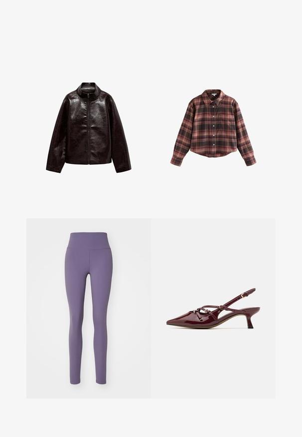 Brun faux læderjakke med høj krave, fuld lynlås lukning og en glat, blank overflade. Har en afslappet pasform og lange ærmer.; Afskåret ternet skjorte i nuancer af burgunder og brun, med knaplukning foran, krave og brystlomme. Blødt stof med lange ærmer.; Nike Performance ONE - Tights - daybreak/black; Bordeaux patentlæder slingback sko med spids tå, lille hæl, dekorative stropdetaljer og en blank finish.