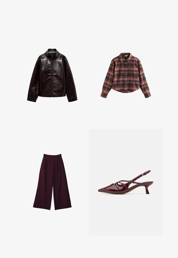 Brun konstläderjacka med hög krage, hel dragkedjestängning och en jämn, glänsande textur. Har avslappnad passform och långa ärmar.; Fyrkantig rutig skjorta i nyanser av vinröd och brun, med knappfront, krage och en bröstficka. Mjuk tyg med långa ärmar.; Breda byxor i djupt burgundy tyg, med veck, hög midja och två sidofickor för både funktion och stil.; Burgunder patentläder slingback-sko med spetsig tå, liten häl, dekorativa remdetaljer och en glansig yta.