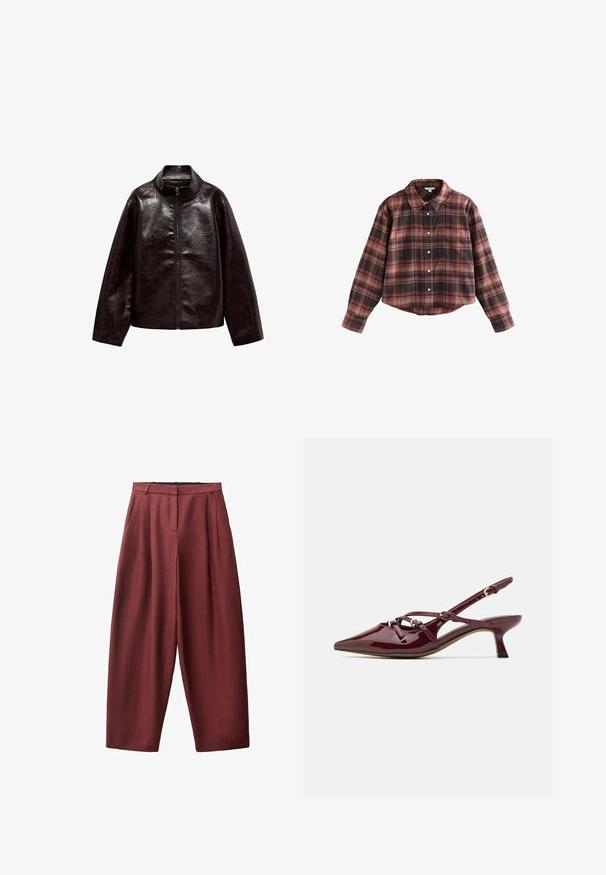 Jachetă din piele ecologică maro cu guler înalt, închidere cu fermoar complet și o textură netedă, lucioasă. Are un croi relaxat și mâneci lungi.; Cămașă în carouri, în nuanțe de burgundy și marron, cu butoane în față, guler și un buzunar pe piept. Material moale, cu mâneci lungi.; Pantaloni largi din țesătură burgundă, cu pliuri în față, talie medie și un finisaj neted, texturat.; Pantofii cu toc slingback din piele lacuită burgundă, cu vârf ascuțit, toc mic, detalii decorative pe curea și un finisaj lucios.
