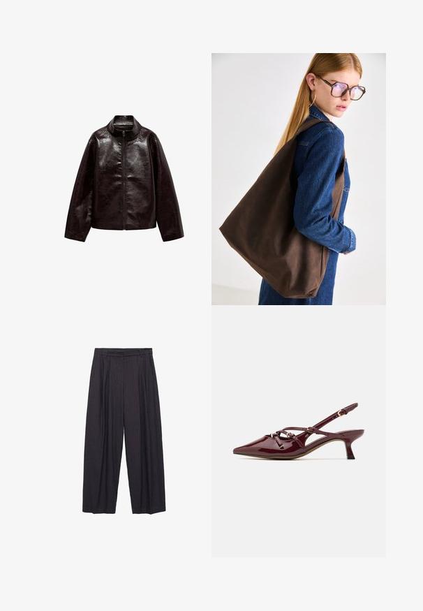 Smeđa jakna od umjetne kože s visokim ovratnikom, punim zatvaračem i glatkom, sjajnom teksturom. Ima slobodan kroj i duge rukave.; Skraćena karirana košulja u nijansama burgundy i smeđe, s gumbima sprijeda, kragnom i džepom na prsima. Meka tkanina s dugim rukavima.; Široke hlače od tamnog mornarskog platna s suptilnim vertikalnim prugama, s kopčanjem na dugme i strukturiranim strukom.; Burgundska lakirana slingback cipela s šiljatim nosom, malim potpeticom, dekorativnim trakama i sjajnim završetkom.; Smeđi kožni torba s mekom teksturom, koja ima prostran dizajn i jedan remen. Nosena s plavom traper jaknom.