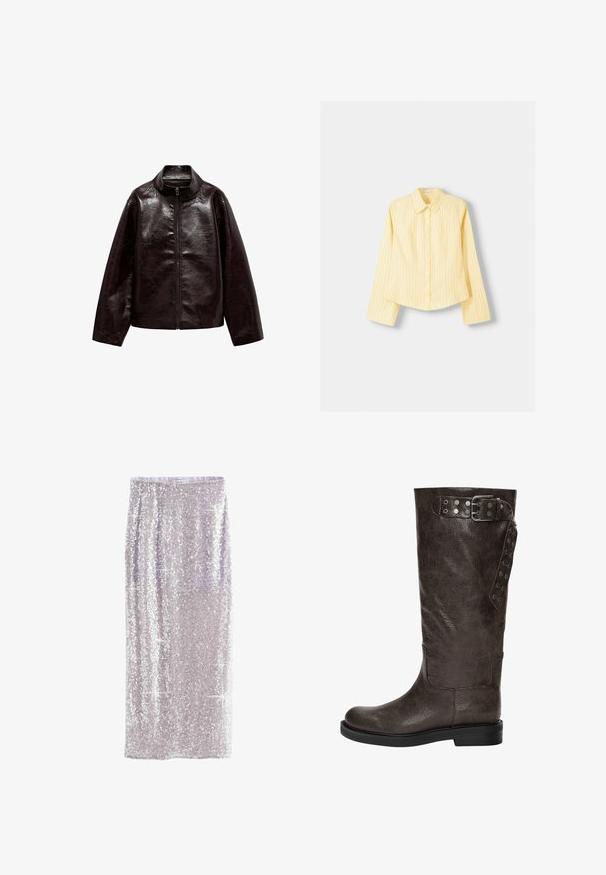 Veste en simili cuir brun avec un col montant, fermeture éclair intégrale et une texture lisse et brillante. Caractéristiques : coupe décontractée et manches longues.; Chemise à rayures jaunes avec manches longues, col pointu et fermeture à boutons sur le devant. Présente des rayures verticales bleues et une coupe ajustée.; Jupe crayon en sequins de couleur lavande clair, avec une taille lisse et des sequins denses et scintillants couvrant l'ensemble du tissu.; Botte en cuir marron jusqu'au genou avec une finition texturée, dotée d'une boucle et de détails avec pression sur le côté, et d'une semelle en caoutchouc plate.