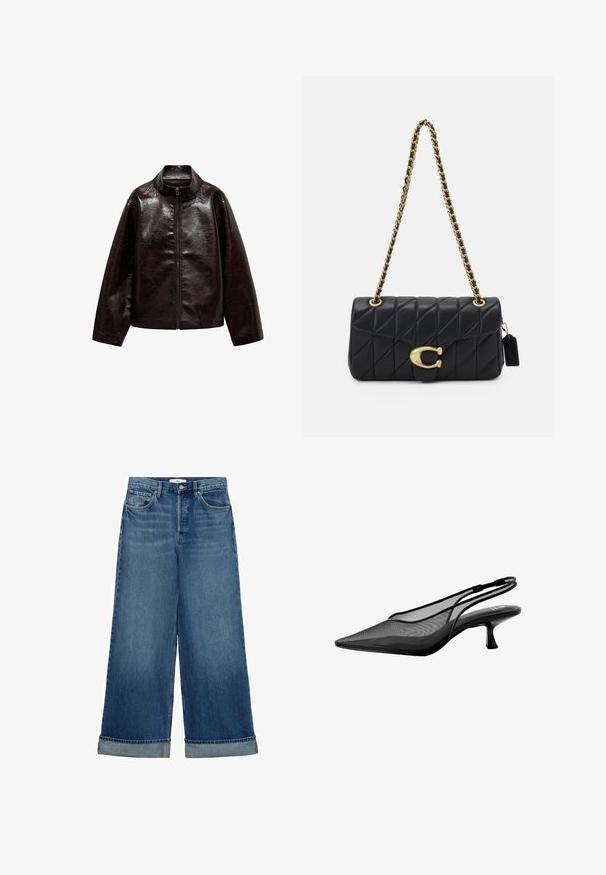 Hnědá koženka s vysokým límcem, plným zipem a hladkým, lesklým povrchem. Má uvolněný střih a dlouhé rukávy.; Žlutá pruhovaná košile s dlouhými rukávy, špičatým límečkem a předním zapínáním na knoflíky. Má vertikální modré pruhy a přizpůsobený střih.; Tmavě modré džíny s širokými nohavicemi a vysokým pasem, s pěti kapsami, zapínáním na knoflík a zip a zavinovanými manžetami. Klasická džínová textura.; Next FOREVER BACK KITTEN HEELS - REGULAR FIT - Klasické lodičky - black; Černá prošívaná kabelka se zlatým řetízkovým popruhem, s výraznou zlatou sponou a malou visačkou, která se pyšní texturovaným koženým povrchem.