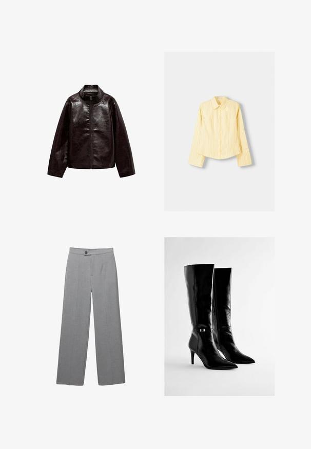Veste en simili cuir brun avec un col montant, fermeture éclair intégrale et une texture lisse et brillante. Caractéristiques : coupe décontractée et manches longues.; Chemise à rayures jaunes avec manches longues, col pointu et fermeture à boutons sur le devant. Présente des rayures verticales bleues et une coupe ajustée.; Pantalons gris ajustés avec une coupe large, devant plat et texture subtile. Comprend une fermeture à un bouton et des lignes épurées.; Bottes noires montantes en cuir brillant, dotées de bouts pointus et d'un talon slim et haut. Comprend un accent métallique subtil sur le côté.