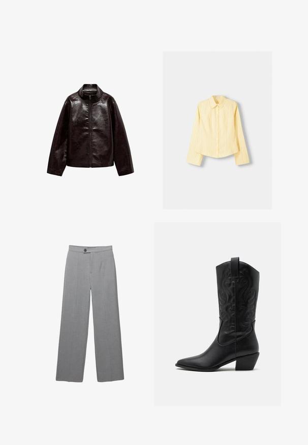 Bruine neplederen jas met een hoge kraag, volledige ritsluiting en een gladde, glanzende textuur. Beschikt over een ontspannen pasvorm en lange mouwen.; Geel gestreept overhemd met lange mouwen, puntige kraag en knoopsluiting aan de voorkant. Beschikt over verticale blauwe strepen en een getailleerde pasvorm.; Grijze op maat gemaakte broek met een brede pijp, platte voorkant en subtiele textuur. Bevat een enkele knoopsluiting en strakke lijnen.; Zwarte leren cowboylaars met een spitse neus, gegraveerde draaiende patronen en een halfhoge hak. Voorzien van een trekhaak voor gemakkelijk aan- en uittrekken.