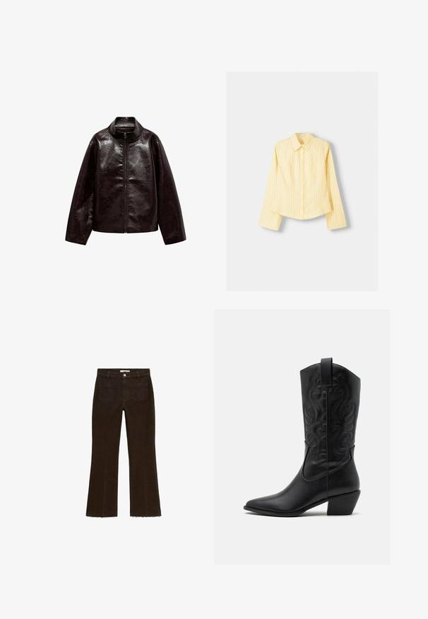 Brown faux leather jacket with a high collar, full zipper closure, and a smooth, glossy texture. Features relaxed fit and long sleeves.; Yellow striped shirt with long sleeves, pointed collar, and front button closure. Features vertical blue stripes and a tailored fit.; Brown flared jeans with a high waist, featuring a button closure, two back pockets, and frayed hem detail. Made from denim fabric.; Black leather cowboy boot with pointed toe, embossed swirling patterns, and a mid-height heel. Features a pull tab for easy wear.