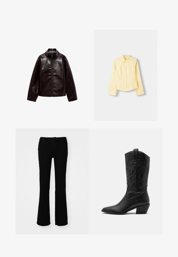 Smeđa jakna od umjetne kože s visokim ovratnikom, punim zatvaračem i glatkom, sjajnom teksturom. Ima slobodan kroj i duge rukave.; Žuta prugasta košulja dugih rukava, s oštrim kragnom i prednjim kopčanjem na dugmad. Ima vertikalne plave pruge i kroj koji ističe figuru.; Crne traperice s raširenim nogavicama, srednjeg struka, s pet džepova i suptilnim šavovima na stražnjim džepovima.; Crne kožne kaubojke s oštrim vrhom, s ukrašenim spiralnim uzorcima i srednje visokom petom. Imaju kvačicu za lakše oblačenje.