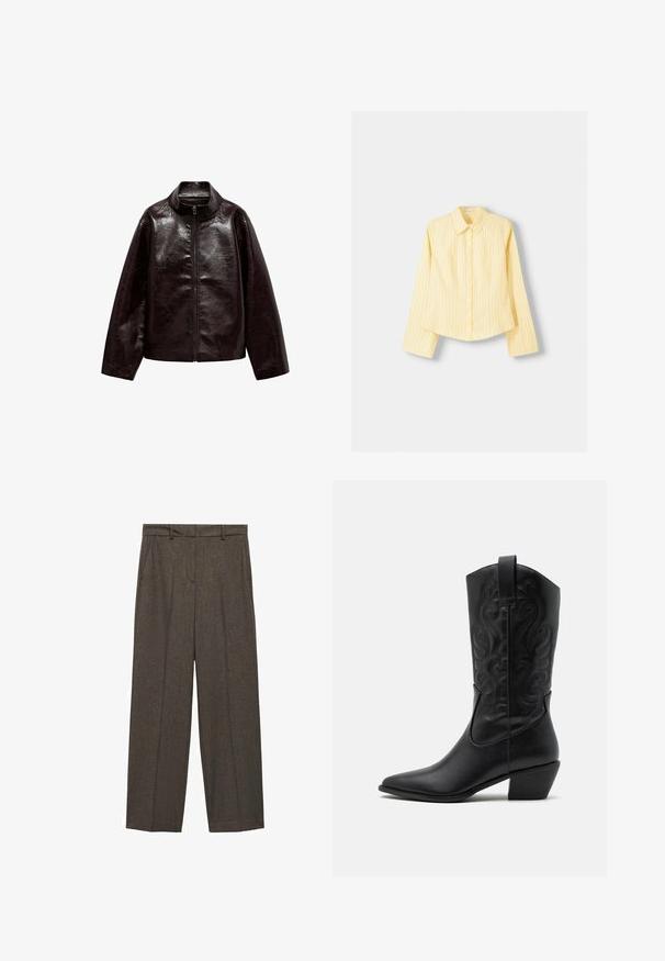 Smeđa jakna od umjetne kože s visokim ovratnikom, punim zatvaračem i glatkom, sjajnom teksturom. Ima slobodan kroj i duge rukave.; Žuta prugasta košulja dugih rukava, s oštrim kragnom i prednjim kopčanjem na dugmad. Ima vertikalne plave pruge i kroj koji ističe figuru.; Smeđe krojene hlače od teksturirane tkanine, sa ravnim nogavicama, prednjim nabranicima i standardnim pojasom.; Crne kožne kaubojke s oštrim vrhom, s ukrašenim spiralnim uzorcima i srednje visokom petom. Imaju kvačicu za lakše oblačenje.