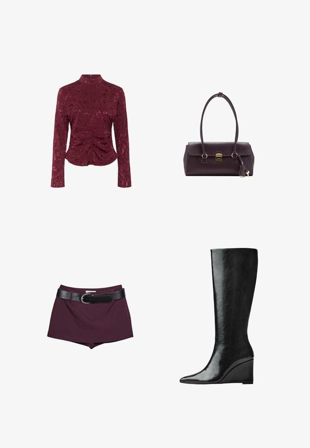 Hnedá umelá kožená bunda s vysokým golierom, plným zipsom a hladkou, lesklou textúrou. Má uvoľnený strih a dlhé rukávy.; Bordeaux dlhý rukáv top vyrobený z textúrovanej látky, s vzorom ruží a naľahko riasením v oblasti pása pre priliehavý siluetu.; Bordové šortky s čiernym koženým opaskom. Dizajn má hladkú textúru a priliehavý strih, so širokým opaskom zabezpečeným prackou.; Čierne kožené topánky po kolená s úzkym, špicatým nosom a klínovým podpätkom. Povrch je hladký s lesklým povrchom.; Bordo kožená kabelka so štruktúrovaným dizajnom, krátkymi rukoväťami, zlatým obdĺžnikovým uzáverom a odnímateľnou strapcovou dekoráciou.