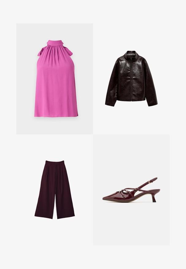 Braune Kunstlederjacke mit hohem Kragen, durchgehendem Reißverschluss und einer glatten, glänzenden Oberfläche. Hat einen lässigen Schnitt und lange Ärmel.; Ärmelloses Oberteil in leuchtendem Pink mit hohem Kragen, gerafftem Ausschnitt und Schleifenakzenten an den Schultern, aus weichem Material gefertigt.; Weite Hose aus tiefburgunderfarbener Stoff, mit Falten, hoher Taille und zwei seitlichen Taschen für Funktionalität und Stil.; Burgunderfarbenes patentiertes Leder Slingback-Schuhwerk mit spitzer Zehenform, kleinem Absatz, dekorativen Riemen und glänzender Oberfläche.