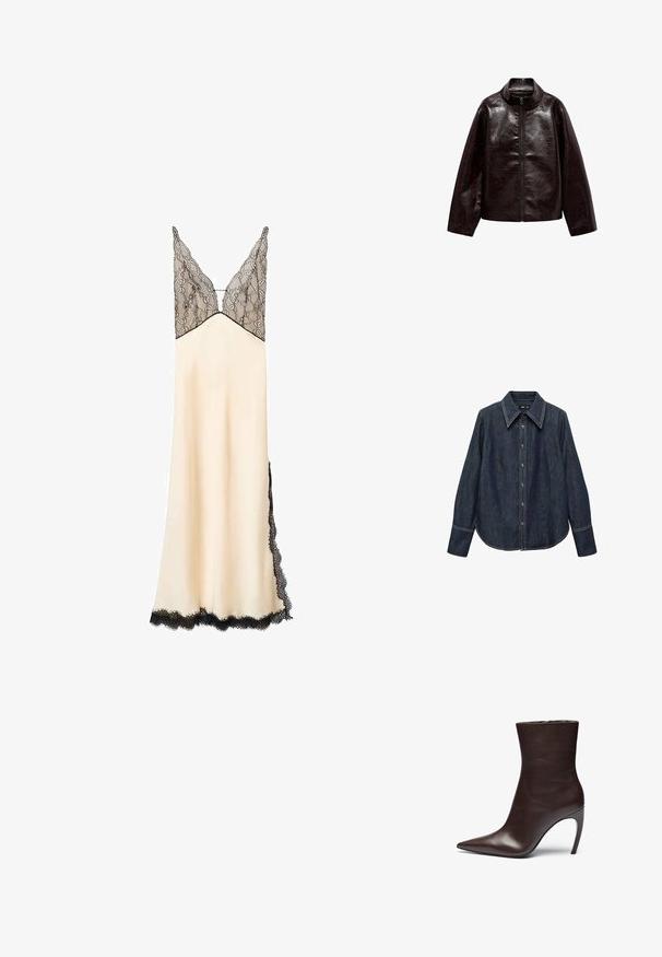 Giacca in finta pelle marrone con colletto alto, chiusura con cerniera completa e una superficie liscia e lucida. Presenta una vestibilità comoda e maniche lunghe.; Camicia button-up in denim scuro con colletto a punta, maniche lunghe e cuciture bianche visibili. Presenta un orlo curvo e una vestibilità classica.; Vestito da notte in satin color crema con corpetto e rifiniture in pizzo nero. Scollatura a V e spalline regulate. Lunghezza fino al pavimento con dettagli in pizzo laterali.; Stivale alla caviglia in pelle marrone con punta affusolata, silhouette slanciata e tacco a stiletto alto. Presenta una texture liscia e un design minimalista.; Borsa a tracolla in pelle nera con design curvo, hardware color oro e manico superiore. Caratterizzata da una chiusura elegante e una superficie liscia.