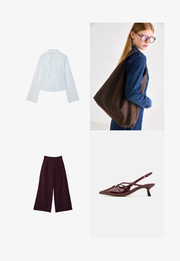 Brązowa kurtka z sztucznej skóry z wysokim kołnierzem, pełnym zamkiem błyskawicznym i gładką, błyszczącą teksturą. Posiada luźny krój i długie rękawy.; Biała, długa, krótka koszula z długim rękawem, zapinana na guziki z wygiętym kołnierzykiem, gładka w dotyku i lekko połyskująca, z prostym wykończeniem dołu.; Szerokie spodnie w głębokim odcieniu burgunda z plisami, wysokim stanem i dwoma bocznymi kieszeniami dla użyteczności i stylu.; Burgundowe lakierowane buty na obcasie typu slingback z ostro zakończonym noskiem, małym obcasem, dekoracyjnymi detalami na paskach i błyszczącym wykończeniem.; Brązowa skórzana torba typu tote o miękkiej fakturze, z przestronnym wnętrzem i pojedynczym paskiem. Noszona z niebieską kurtką dżinsową.